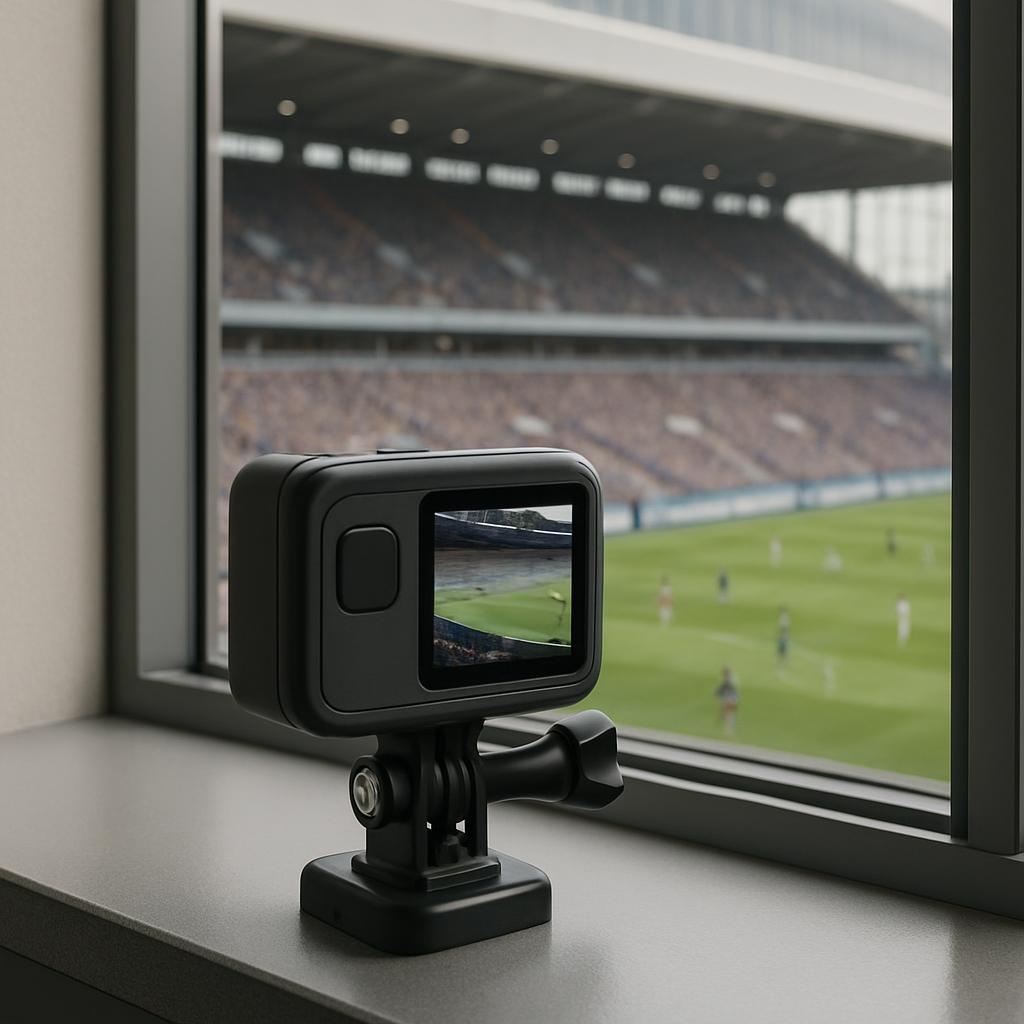 A black action camera with a screen is attached like a selfie stick to a window, displaying a soccer field in the backgrou...