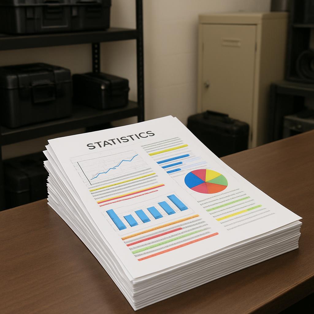 A stack of documents containing statistical charts.