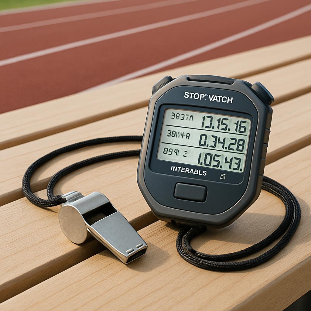 An electronic stopwatch with a cord and a silver whistle on it, resting against a wooden bench at a track.