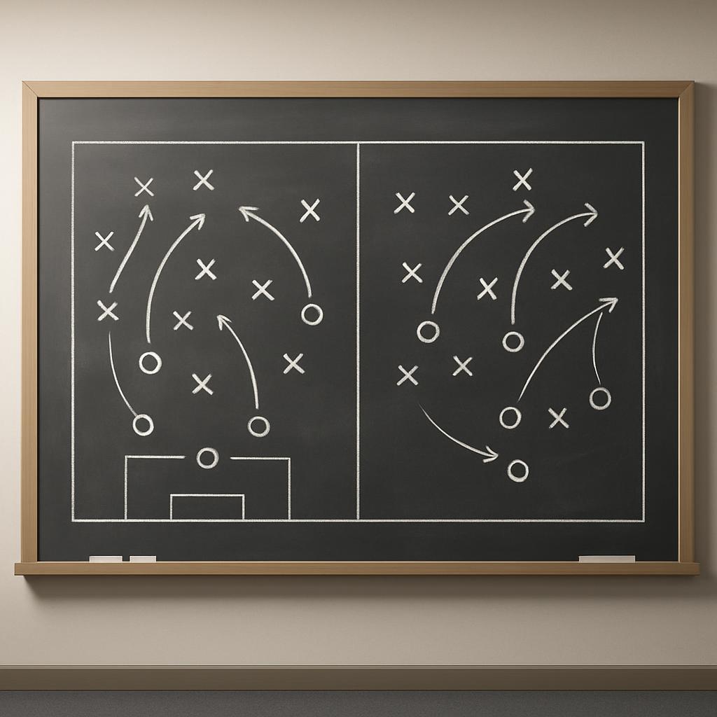 A defensive strategy diagram superimposed on two sections of a blackboard, the left section being blank football pitch and...